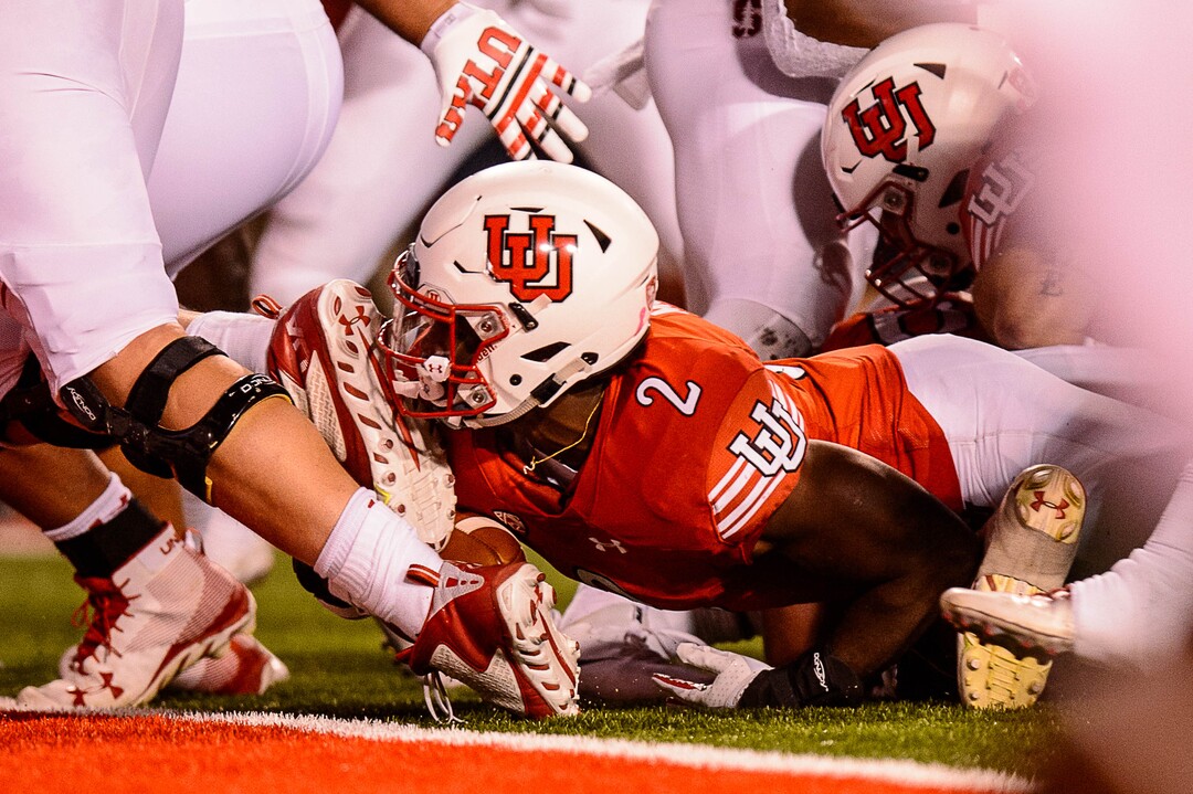 (Trent Nelson | The Salt Lake Tribune)  Utah Utes running back Zack Moss (2) is stopped inches short of a touchdown as the University of Utah hosts Stanford, NCAA football at Rice-Eccles Stadium in Salt Lake City Saturday October 7, 2017.
