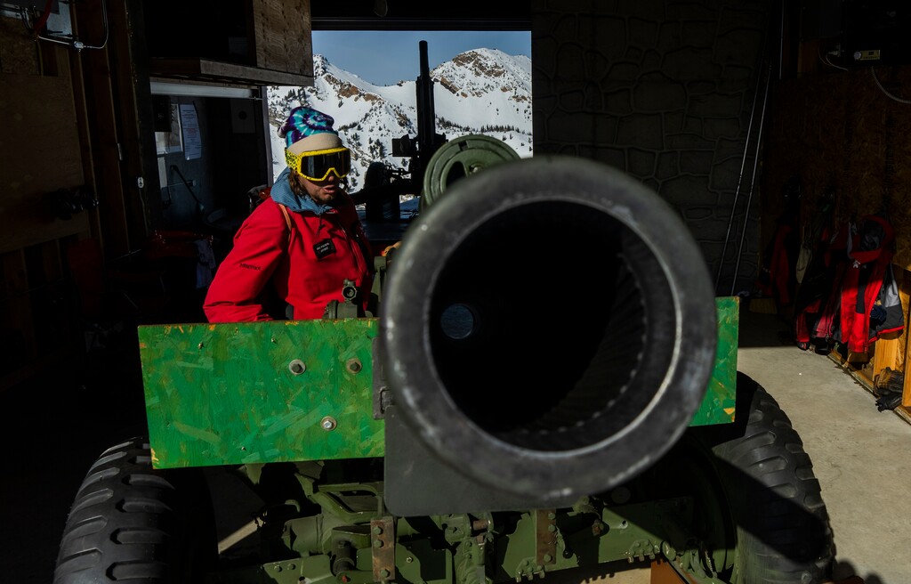 (Rick Egan | The Salt Lake Tribune) Jaybee Keller, Alta Ski Patrol, demonstrated how the Howitzers are being used for avalanche mitigation at Alta, on Saturday, Feb. 4, 2023.