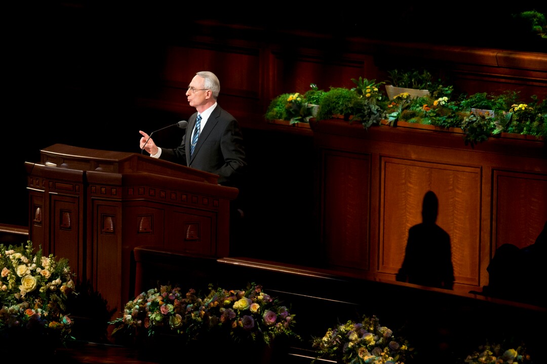 (Jeremy Harmon  |  The Salt Lake Tribune)  Elder Claudio D. Zivic speaks during the Sunday morning session of General Conference on April 1, 2018.