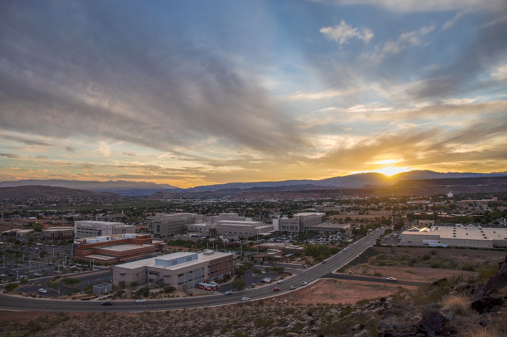 (Jud Burkett | Special to the Tribune) The sun sets over Intermountain Healthcare's St. George Regional Hospital Wednesday, Oct. 6, 2021.