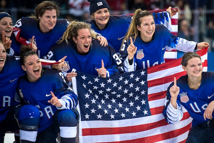 (Chris Detrick  |  The Salt Lake Tribune) Members of team USA celebrate after winning the Women's Gold Medal Game at Gangneung Hockey Centre during the Pyeongchang 2018 Winter Olympics Thursday, Feb. 22, 2018. United States defeated Canada 3-2 in a shootout victory. 