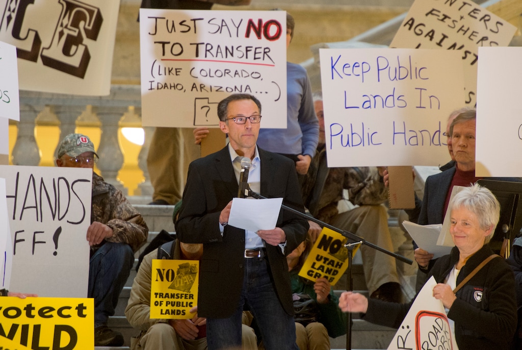 Rick Egan  |  The Salt Lake Tribune
Peter Metcalf, president of Black Diamond CEO, addresses the crowd, as lawmakers and environmental and public lands advocates rally against the public lands transfer in the capitol rotunda, Monday, March 2, 2015.