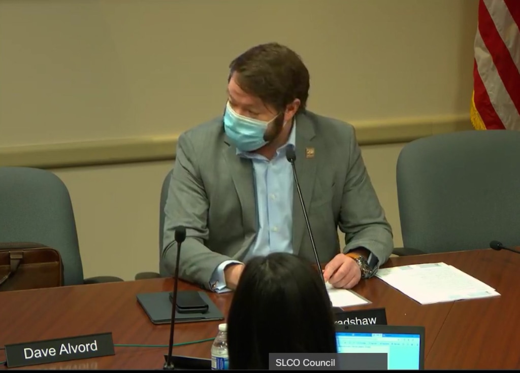 (Screenshot via Facebook) Salt Lake County Council member Arlyn Bradshaw reads a statement condemning his fellow council member, David Alvord, for a recent Facebook post that some county residents called "racist" and "bigoted" at a public meeting on March 9, 2021.