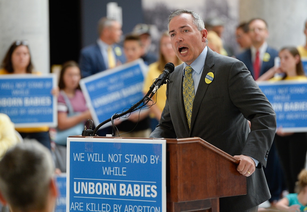 (Francisco Kjolseth  |  The Salt Lake Tribune)  Utah Senator Daniel McCay, R-Riverton, speaks during an event put on by Abortion-Free Utah as it launches a public campaign to end elective abortion in the state of Utah during a press event in the rotunda of the Utah Capitol on Wed. June 19, 2019.