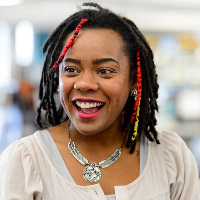 (Trent Nelson | The Salt Lake Tribune)  Marz Workman talks about her dress Rebellion, which is part of "Dressed to Protest," a new exhibit presented by students in Salt Lake Community College's Fashion Institute, in Taylorsville, Thursday January 18, 2018. The exhibit shows how clothing can (and has) been used as a way for social and political protest. Most of the pieces are student designs, but a few come from the Fashion Institute's historic clothing collection.