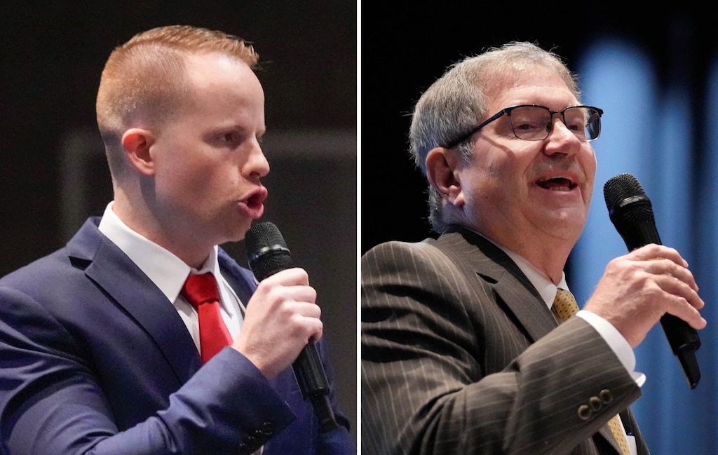 (Francisco Kjolseth | The Salt Lake Tribune) Trevor Lee, left, and Bob Stevenson, candidates for the GOP nomination for House District 16.