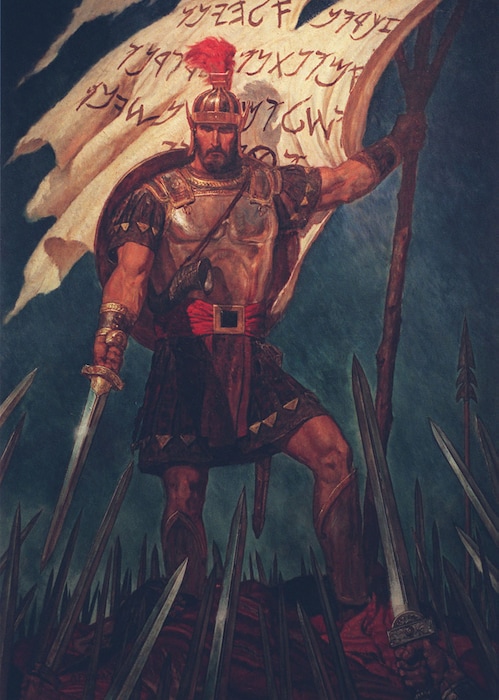 "Captain Moroni Raises the Title of Liberty" oil on canvas by Arnold Friberg. 