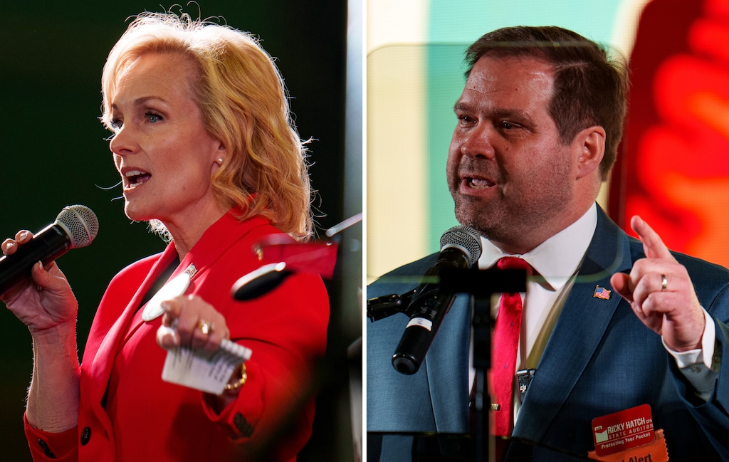 (Trent Nelson | The Salt Lake Tribune) Tina Cannon, left, and Ricky Hatch, candidates for the GOP nomination for state auditor.