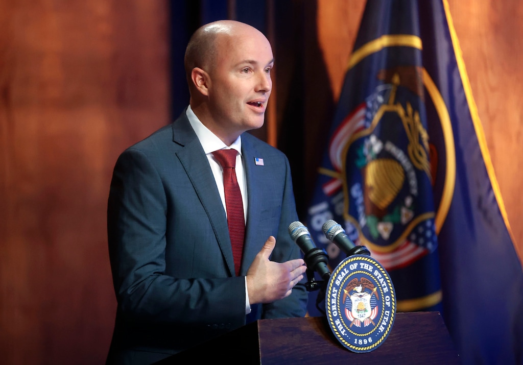 (Kristin Murphy | Pool) Gov. Spencer Cox speaks with media during the PBS Utah governor's monthly news conference at the Eccles Broadcast Center in Salt Lake City on Thursday, Nov. 18, 2021.