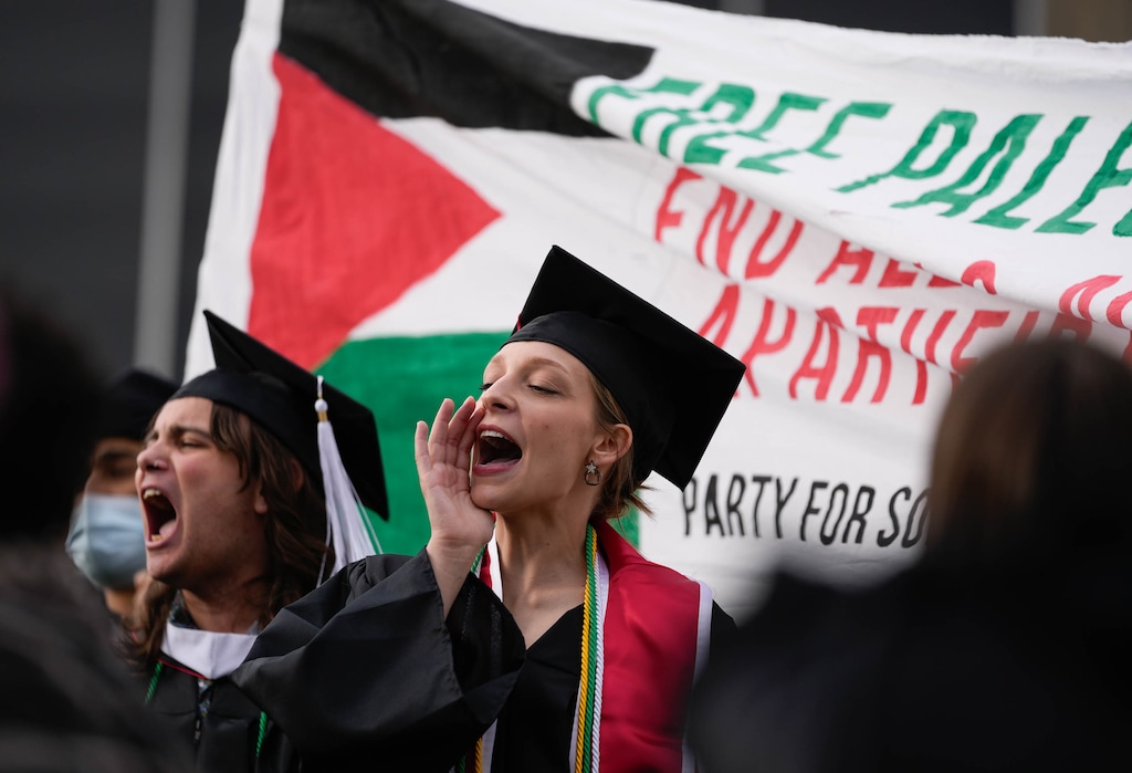 (Francisco Kjolseth | The Salt Lake Tribune) Krystan Morrison joins fellow demonstrators outside the Huntsman Center in solidarity with Palestine after leaving commencement ceremonies when University of Utah President Taylor Randall began his opening remarks on Thursday, May 2, 2024.