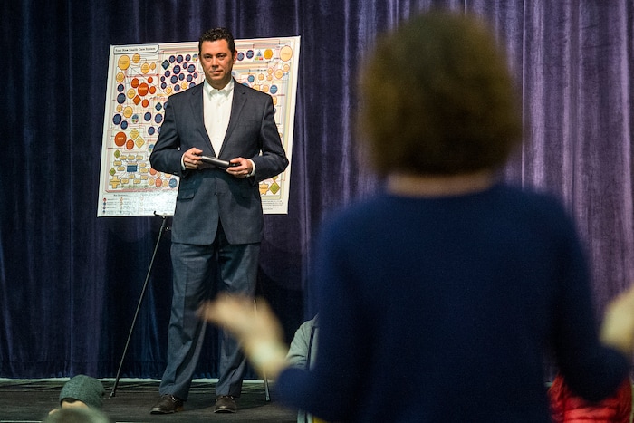 Chris Detrick  |  The Salt Lake Tribune
Teacher Chelsie Acosta asks a question during the town-hall meeting with U.S. Rep. Jason Chaffetz, R-Utah, in Brighton High School Thursday February 9, 2017. 