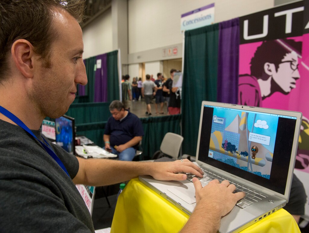 Rick Egan | The Salt Lake Tribune
Adam Dunn, Spanish Fork developed his Jaxi the Robot videogame as a way to teach kids to code. His game has earned him $20,000 as the winner of the Utah Game Wars competition at Comic Con, at the Salt Palace, Friday, September 5, 2014