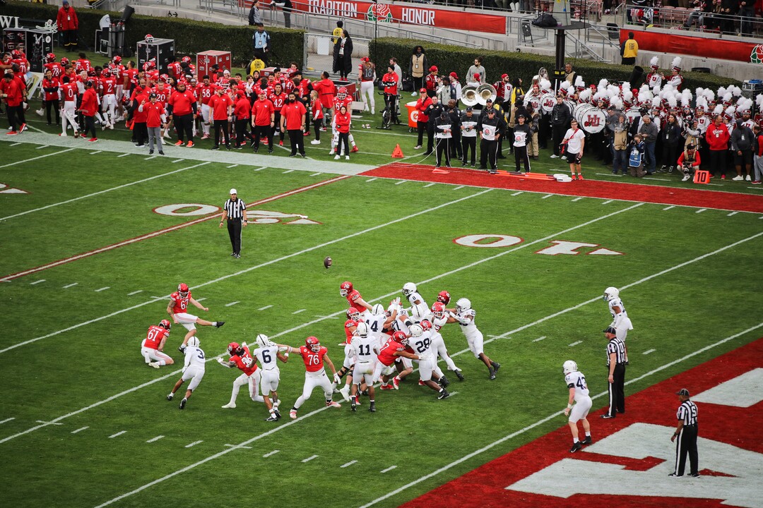 (Meg Oliphant | Special to The Tribune) Utah kicker Jordan Noyes (67) kicks an extra point in the second half against the Penn State Nittany Lions at Rose Bowl Stadium on Jan. 2, 2023 in Pasadena, Calif.