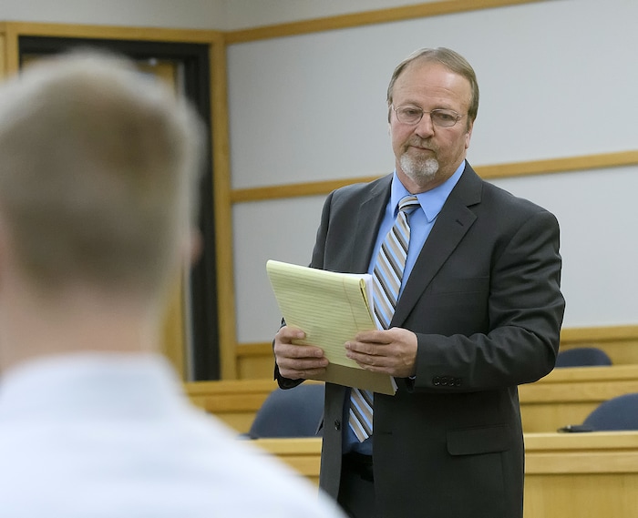 (Eli Lucero  |  Pool Photo)  Defense attorney Shannon Demler speaks during Jayzon Decker's sentencing hearing for attempted aggravated murder and obstructing justice, Wednesday, Feb. 7, 2018, in Logan, Utah. Decker received a sentence of 15 years to life for planning and being present at the shooting of Deserae Turner in February 2017, and leaving her for dead in a dry irrigation canal in Smithfield, Utah.