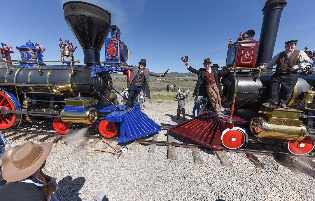 (Francisco Kjolseth  |  The Salt Lake Tribune)  Doug Foxley, left, and Spencer Stokes re-create a historic on Friday May 10, 2019, in celebration of the 150th anniversary of the completion of the transcontinental railroad at Promontory Summit where the two rails met back on May 10, 1869.