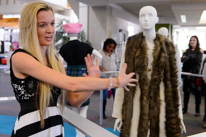 (Trent Nelson | The Salt Lake Tribune)  Crystal Anderson  talks about her dress Lena, which is part of "Dressed to Protest," a new exhibit presented by students in Salt Lake Community College's Fashion Institute, in Taylorsville, Thursday January 18, 2018. The exhibit shows how clothing can (and has) been used as a way for social and political protest. Most of the pieces are student designs, but a few come from the Fashion Institute's historic clothing collection.
