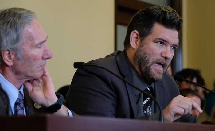 (Francisco Kjolseth  |  The Salt Lake Tribune)  Dave Noriega speaks in support of the death penalty as he relays the painful experience of having his grandmother and aunt killed in a Summit County cabin three days before Christmas in 1990. One of their killers, Von Lester Taylor, is one of nine men currently on Utah’s death row. Rep. Gage Froerer, R-Huntsville, at left, is sponsoring HB379, which would end the death penalty in Utah, as he went before the House Law Enforcement and Criminal Justice Standing Committee on Wednesday, Feb. 21, 2018