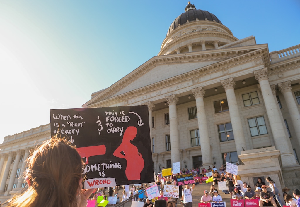 (Chris Samuels | The Salt Lake Tribune) People gather for a rally in defense of abortion rights after at the Capitol, Friday, June 24, 2022. The Supreme Court Friday overturned Roe v. Wade, rescinding the federal right to abortion.