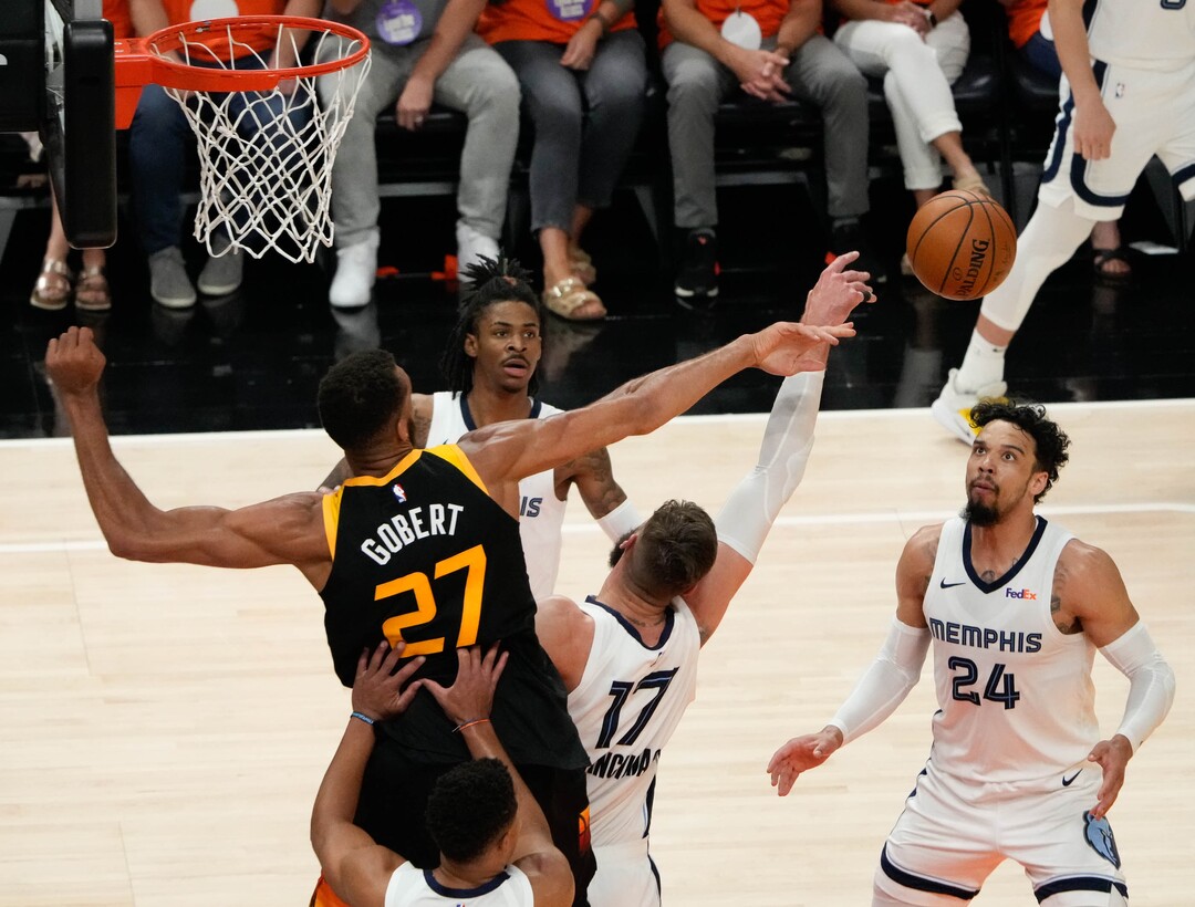 (Francisco Kjolseth | The Salt Lake Tribune) Utah Jazz center Rudy Gobert (27) battles Memphis for the rebound in the first half of Game 5 of an NBA basketball first-round playoff series Wednesday, June 2, 2021, in Salt Lake City, UT.