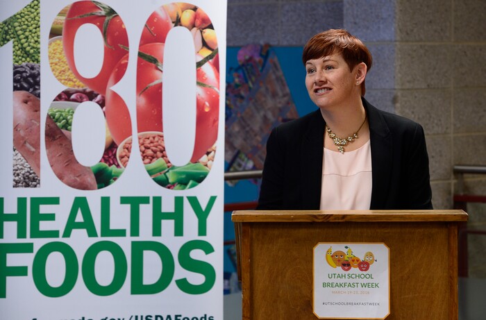 Scott Sommerdorf | The Salt Lake TribuneMarti Woolford, Nutrition Initiatives Director for Utahns Against Hunger, speaks at a press conference at Backman Elementary SchoolÕs Breakfast in the Classroom program, Wednesday, March 21, 2018.