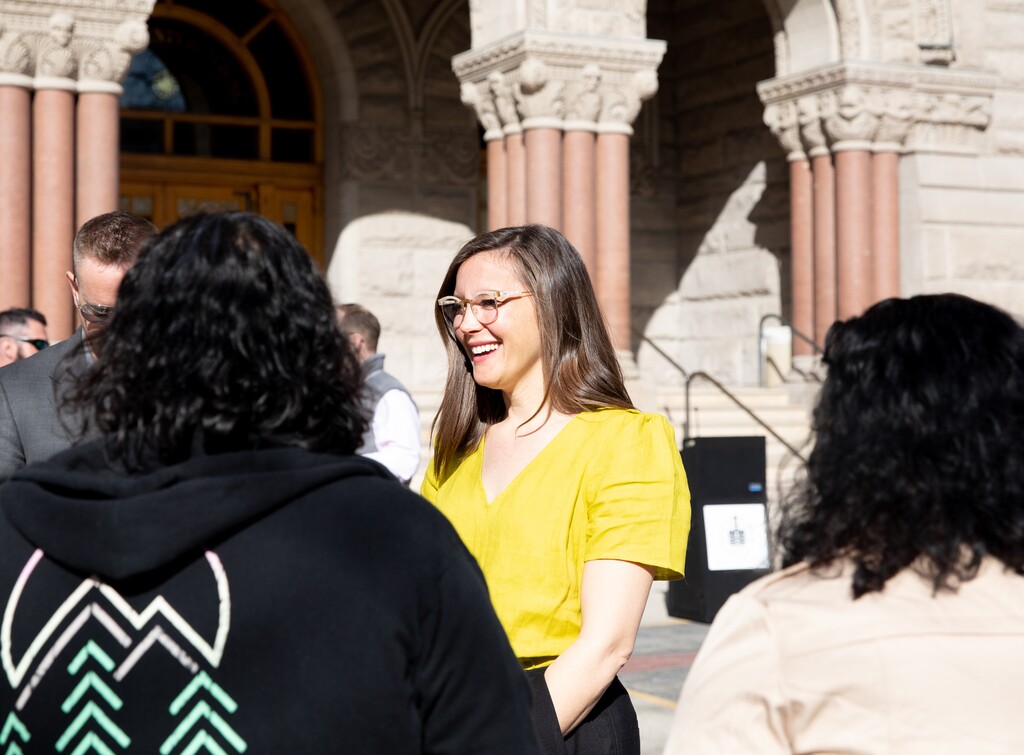(Rachel Rydalch | The Salt Lake Tribune) Salt Lake City Mayor Erin Mendenhall discusses a report on pay equity at City Hall on Thursday, March 24, 2022.