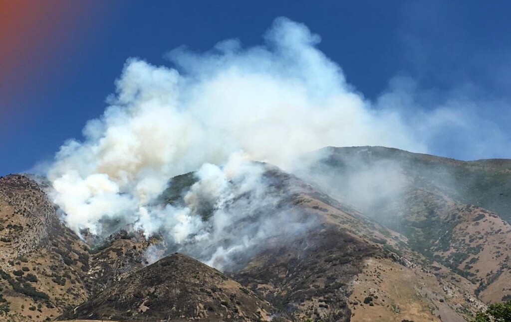 (Photo courtesy Utah Fire Info) The Round Peak Fire burns east of Springville on Wednesday, July 17, 2019.
