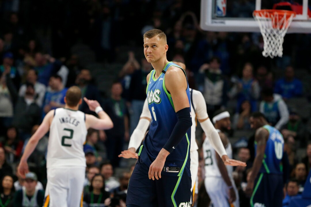 Dallas Mavericks forward Kristaps Porzingis (6) reacts after shooting an airball against the Utah Jazz during the second half an NBA basketball game in Dallas, Monday, Feb. 10, 2020. Utah defeated Dallas 123-119. (AP Photo/Michael Ainsworth)