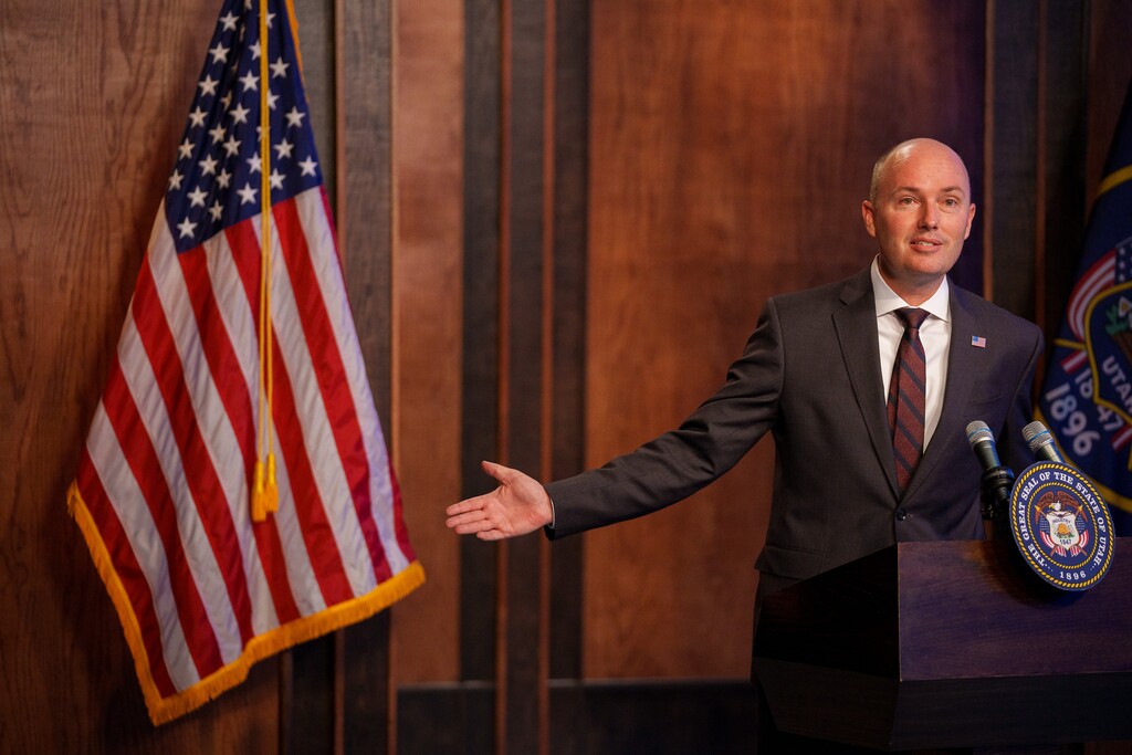 (Trent Nelson | The Salt Lake Tribune) Gov. Spencer Cox speaks at his weekly news conference in Salt Lake City on Thursday, May 20, 2021.