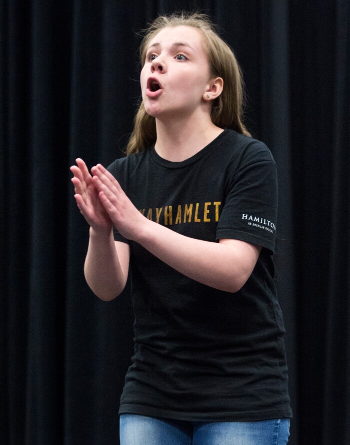 (Rick Egan  |  The Salt Lake Tribune)     Granger High School student Victoria Tinsley performs during a competition for EduHam, an education program that accompanies the Salt Lake City run of "Hamilton." Granger theater teachers Kirsten Anderson and Brian Fuller said 81 students at the West Valley City school participated in the program, which asks students to study original founding documents and create an original work of art -- rap, song, poem, essay, etc. -- from a big moment. Twelve of the regional winners will be invited to perform before a matinee performance of "Hamilton" on May 4. Utah's program is the first to be funded in a public-private match. Wednesday, April 11, 2018.