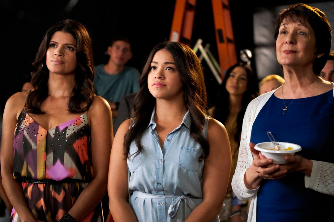 (Photo courtesy Tyler Golden/The CW) Andrea Navedo as Xiomara, Gina Rodriguez as Jane and Ivonne Coll as Alba in “Jane the Virgin.”