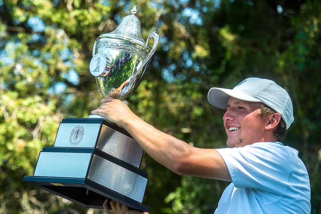 Chris Detrick  |  The Salt Lake Tribune
BYU golfer Kelton Hirsch, shown here celebrating his Utah State Amateur championship on Saturday, July 15, 2017, has advanced to the Round of 32 at this year's State Am in Midway.