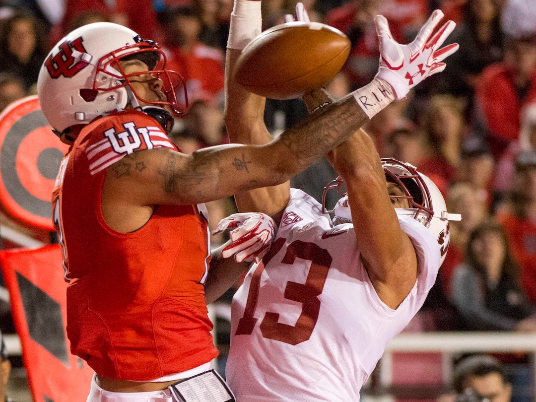 (Rick Egan  |  The Salt Lake Tribune)Stanford Cardinal cornerback Alijah Holder (13) blocks a pass intended for Utah Utes wide receiver Raelon Singleton (11), resulting in a defensive pass interference call, in PAC-12 football action, Utah Utes vs. Stanford Cardinals, at Rice-Eccles Stadium, Saturday, October 7, 2017.