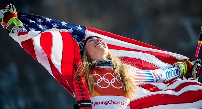 (Chris Detrick  |  The Salt Lake Tribune)  USA's Mikaela Shiffrin celebrates after winning gold in the Ladies' Giant Slalom at Yongpyong Alpine Centre during the Pyeongchang 2018 Winter Olympics Thursday, Feb. 15, 2018.  Shiffrin won the event with a time of 2:20.02.