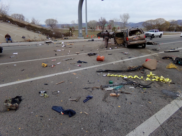 (Photo courtesy of the Utah Department of Public Safety) A driver was killed Sunday when his pickup went off Interstate 215, jumped an off-ramp and struck a vehicle that was traveling on 3500 South in West Valley City.
