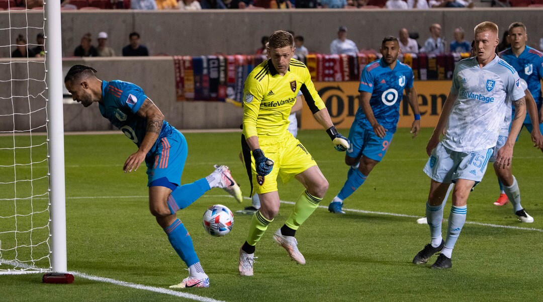 (Francisco Kjolseth | The Salt Lake Tribune) Minnesota United goalkeeper Tyler Miller (1) ties up the game 1-1, as Real Salt Lake goalkeeper Zac MacMath (18) makes the initial block but the ball rolls in in MLS action between Real Salt Lake and Minnesota United FC at Rio Tinto Stadium in Sandy, on Saturday, May 29, 2021.