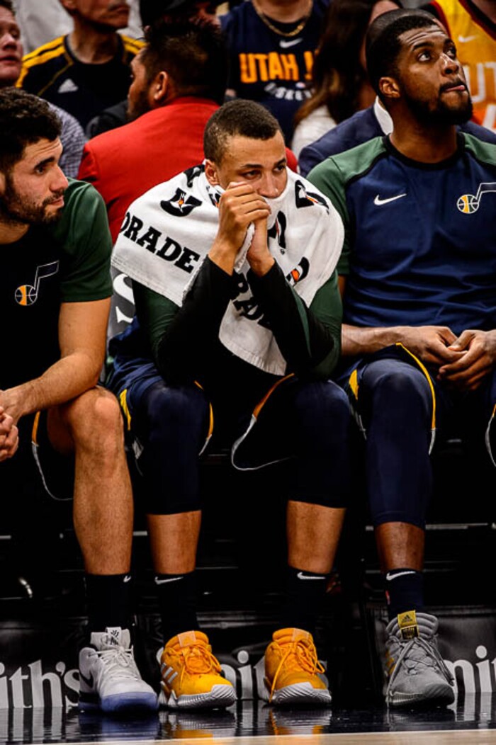 (Trent Nelson | The Salt Lake Tribune)
Utah Jazz guard Dante Exum (11) on the bench in the final minute. Utah Jazz vs Memphis Grizzlies, NBA basketball in Salt Lake City on Friday Nov. 2, 2018.
