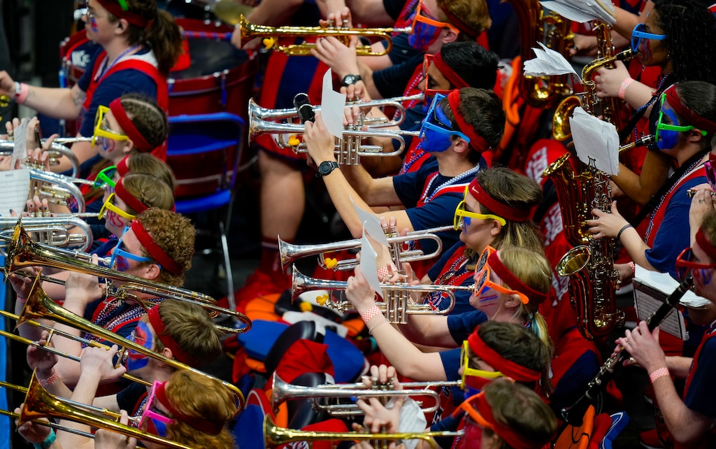 (Bethany Baker  |  The Salt Lake Tribune) The Dayton Flyers pep band performs during the Second Round of the mens basketball NCAA Tournament at the Delta Center in Salt Lake City on Saturday, March 23, 2024.