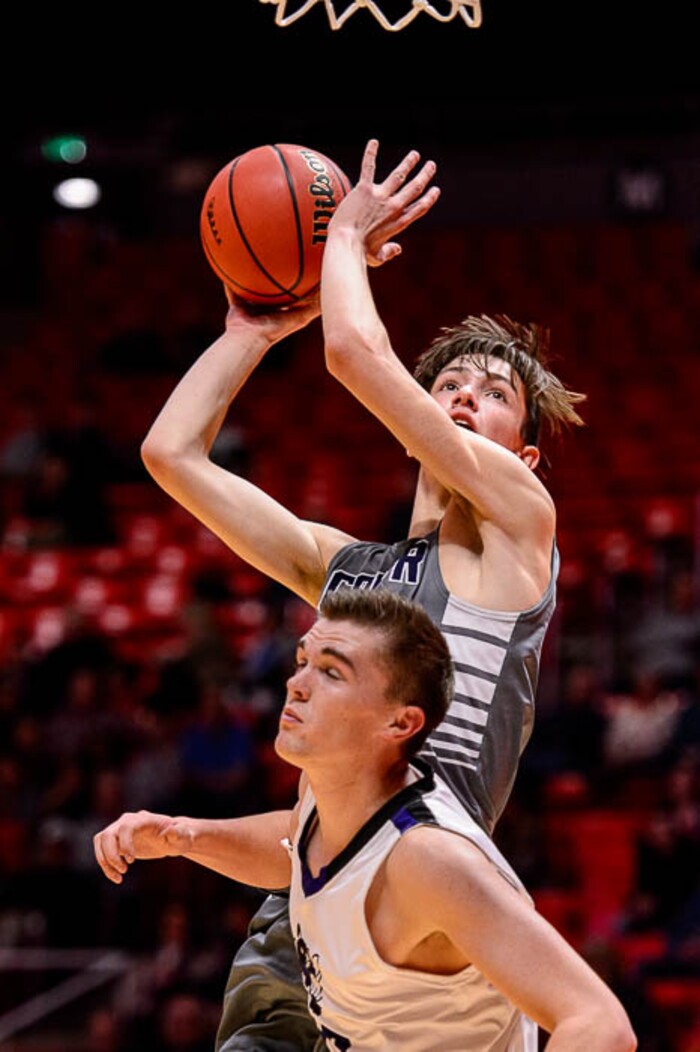 (Trent Nelson | The Salt Lake Tribune)  Box Elder vs. Corner Canyon, 5A State high school basketball tournament at the Huntsman Center in Salt Lake City, Wednesday Feb. 28, 2018. Corner Canyon's Hayden Welling (13) shoots.