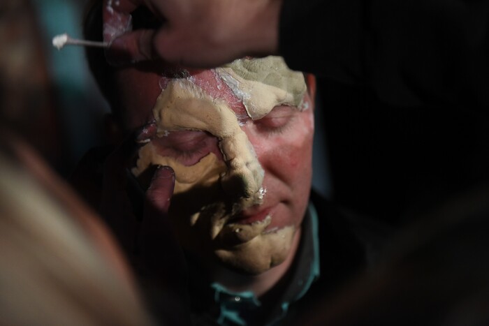 (Francisco Kjolseth  |  The Salt Lake Tribune)  Salt Lake County Mayor Ben McAdams is transformed by makeup artist Stephanie Withers as local politicians fall prey to the zombie apocalypse at the Fear Factory on Thursday, Oct. 12, 2017, for a special event to raise awareness of the Utah Food Bank and kick start donations.