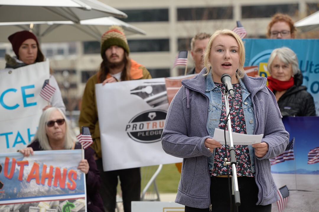 (Francisco Kjolseth  |  The Salt Lake Tribune)  Emily Jessop, a first-generation college student at SLCC, is facing a House tax plan that repeals the student loan interest deduction. A group of Utahns gathered to rally at the Wallace Bennett Federal Building in Salt Lake on Monday, Nov. 20, 2017, to tell personal stories of how they might be impacted by the tax reform plans currently on the table in Congress.