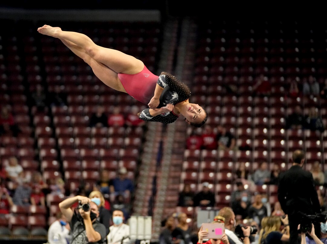 (Francisco Kjolseth | The Salt Lake Tribune) Utah’s Kara Eaker competes on the floor at the Best of Utah NCAA Gymnastics Meet at the Maverik Center in West Valley City on Friday, Jan. 7, 2022.