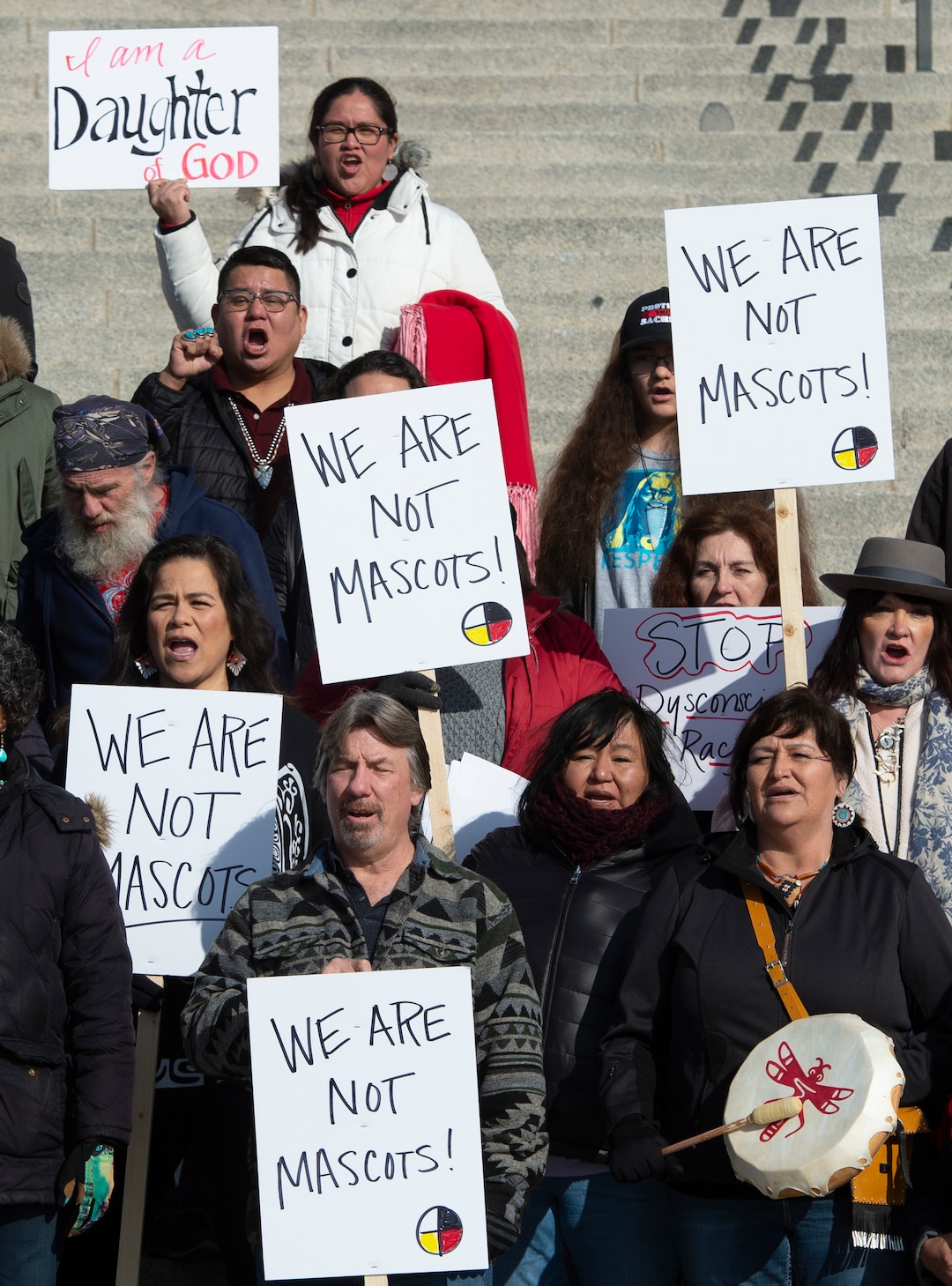 (Rick Egan  |  The Salt Lake Tribune)     Native Americans and their supporters gather on the steps of the Utah State Capitol for a rally to oppose a resolution that would discourage the removal of Native American names or symbols from school mascots, Saturday, Jan. 25, 2020.