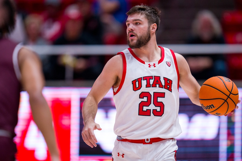 (Trent Nelson  |  The Salt Lake Tribune) Utah Utes guard Rollie Worster (25) as Utah hosts Bellarmine, NCAA basketball in Salt Lake City on Wednesday, Dec. 20, 2023.