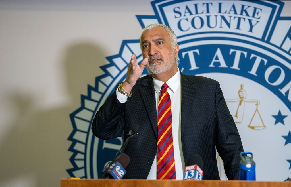 (Rick Egan | The Salt Lake Tribune)  Salt Lake County District Attorney Sim Gill speaks during a news conference Friday, March 18, 2022. Gill announced Friday that four police officers were justified in firing their weapons in three separate police shootings last year.