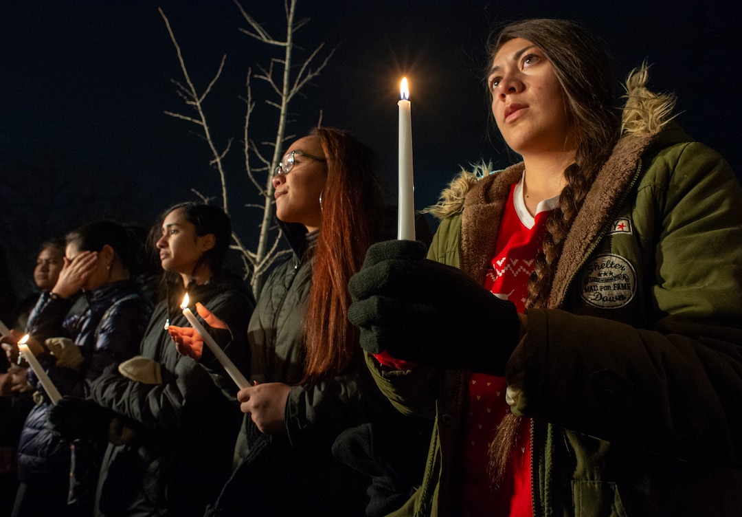 (Rick Egan  |  The Salt Lake Tribune)       BYU students gather at the Tanner building for a candlelight vigil on BYU campus, for the student who died by suicide this week, Friday, Dec. 7, 2018.  