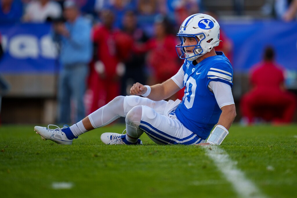 (Trent Nelson  |  The Salt Lake Tribune) Brigham Young Cougars quarterback Kedon Slovis (10) as BYU hosts Texas Tech, NCAA football in Provo on Saturday, Oct. 21, 2023.