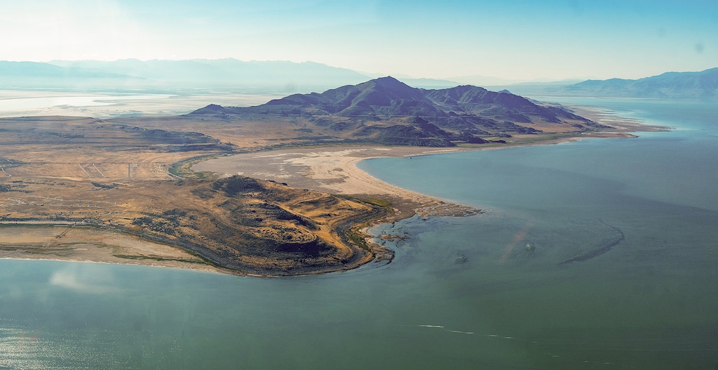 (Rick Egan | The Salt Lake Tribune) Antelope Island on the Great Salt Lake is photographed Tuesday, Sept. 5, 2023, from an aerial tour provided by EcoFlight. In the short time since the lake hit its lowest elevation in recorded history, has anything really change?