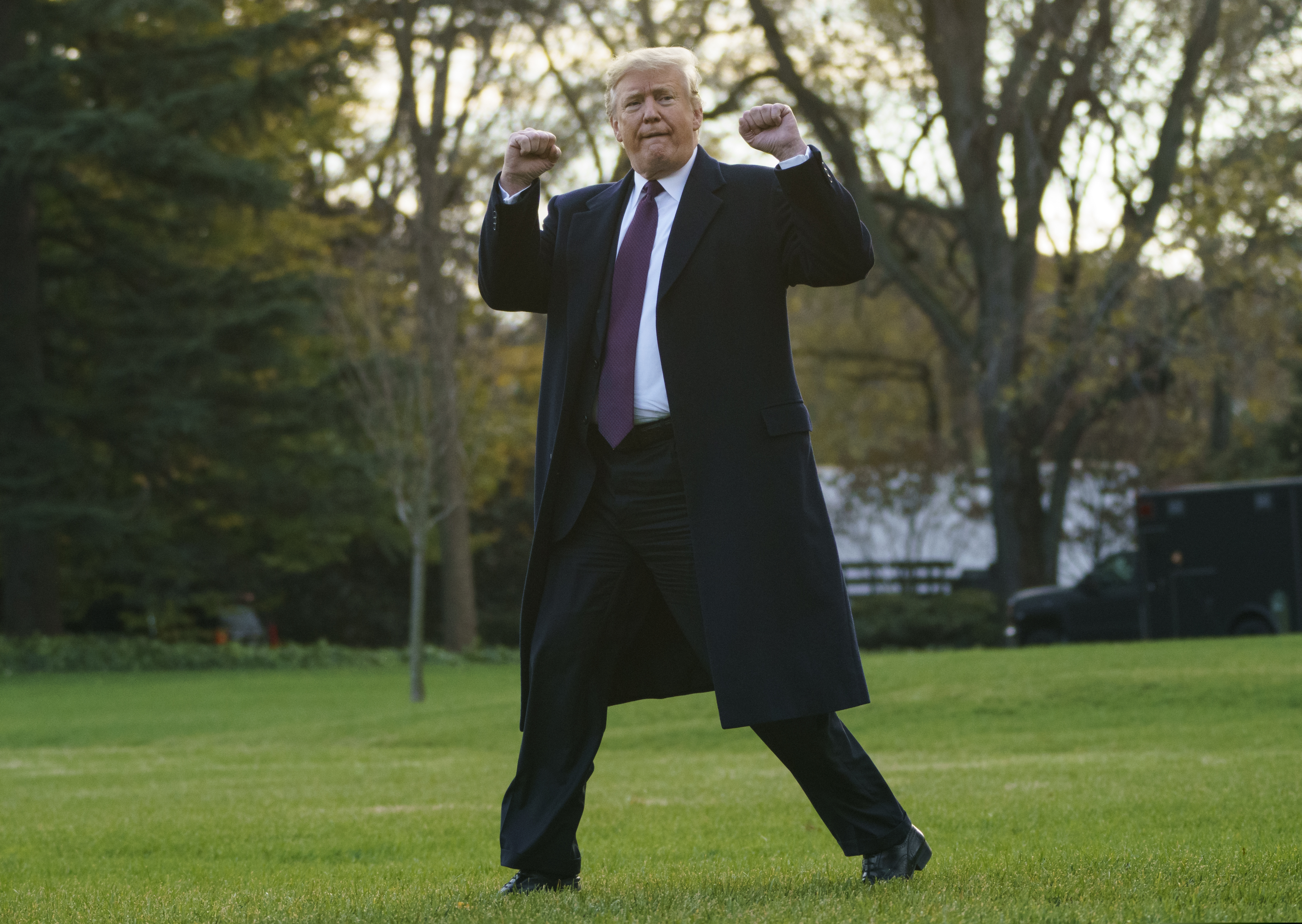 (AP Photo/Carolyn Kaster, File) In this Nov. 20, 2018, file photo, President Donald Trump gestures as he walks to Marine One after speaking to media at the White House in Washington.