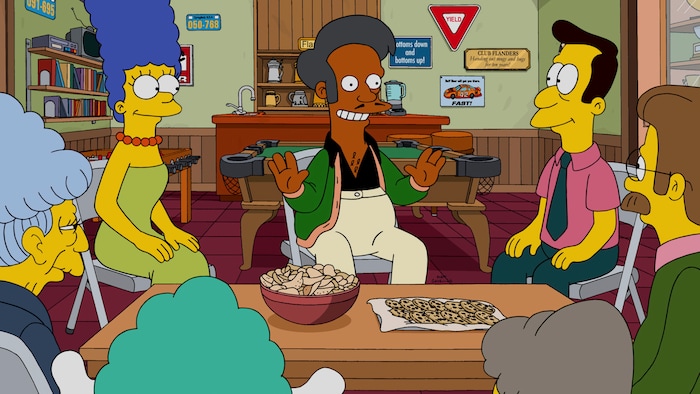 (Photo courtesy of Fox) Apu (center) tells Agnes Skinner, Marge Simpson, Reverand Lovejoy and Ned Flanders how they can collect enough money to repair their church in “The Simpsons” episode “Sky Police.”