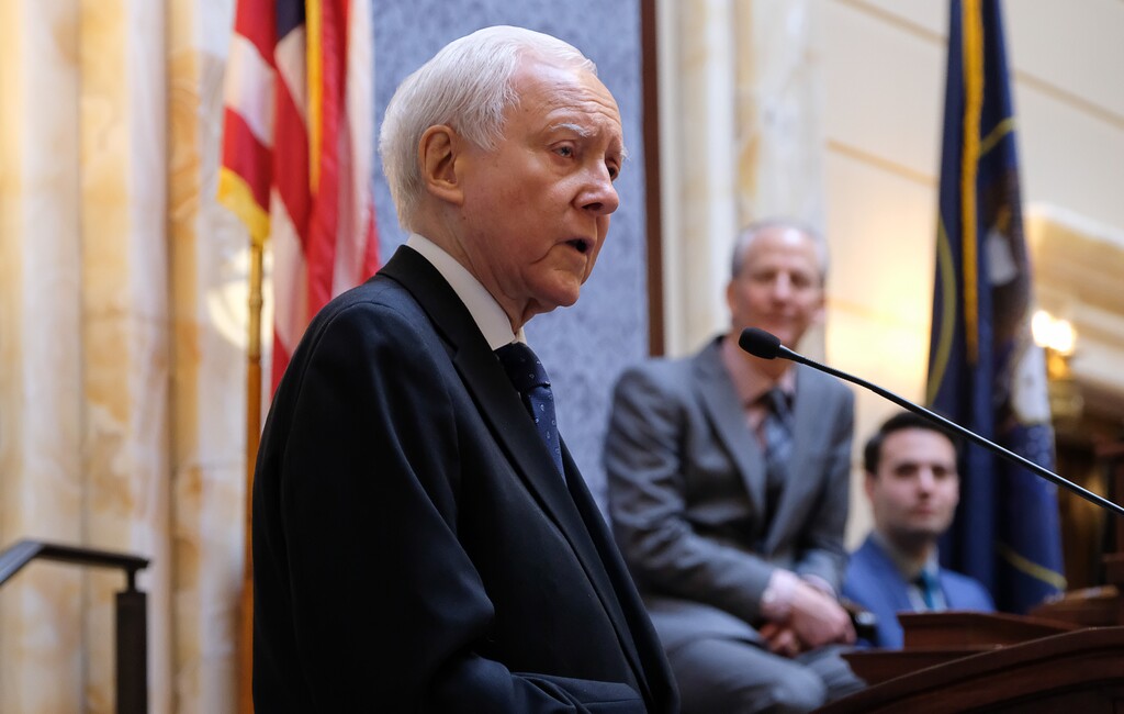 (Francisco Kjolseth  |  The Salt Lake Tribune)  U.S. Sen. Orrin Hatch addresses the Utah Senate floor on Wednesday, Feb. 21, 2018, which was declared "Orrin G. Hatch Day." Hatch is the longest-serving Republican senator in U.S. history.